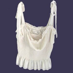 Wilfred Aritzia White Smocked Tie Shoulder Peplum Blouse Cottagecore Y2K Small